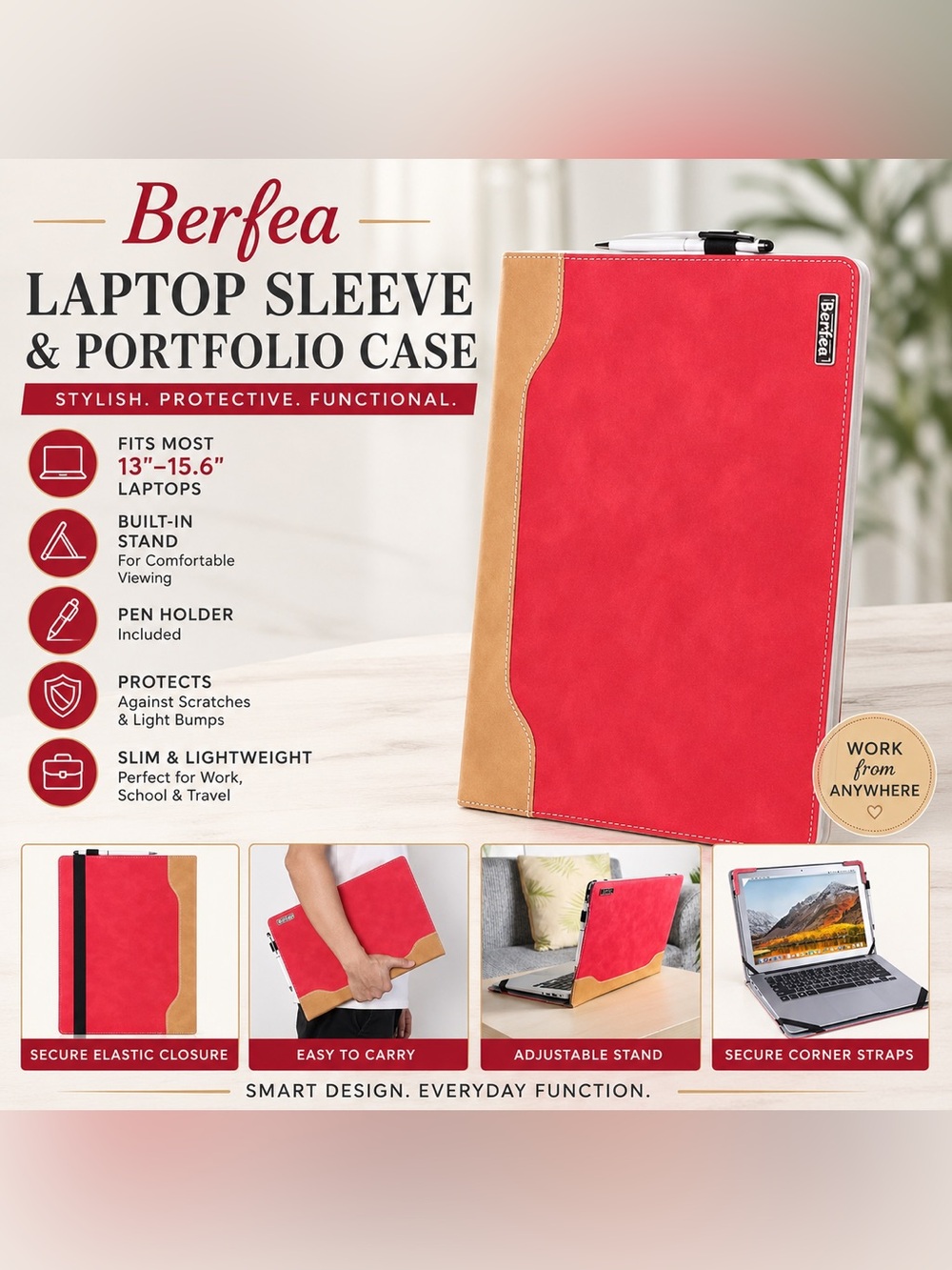 Berfea Red & Tan Universal 13”-15.6” Laptop Sleeve Portfolio Case w/ Stand